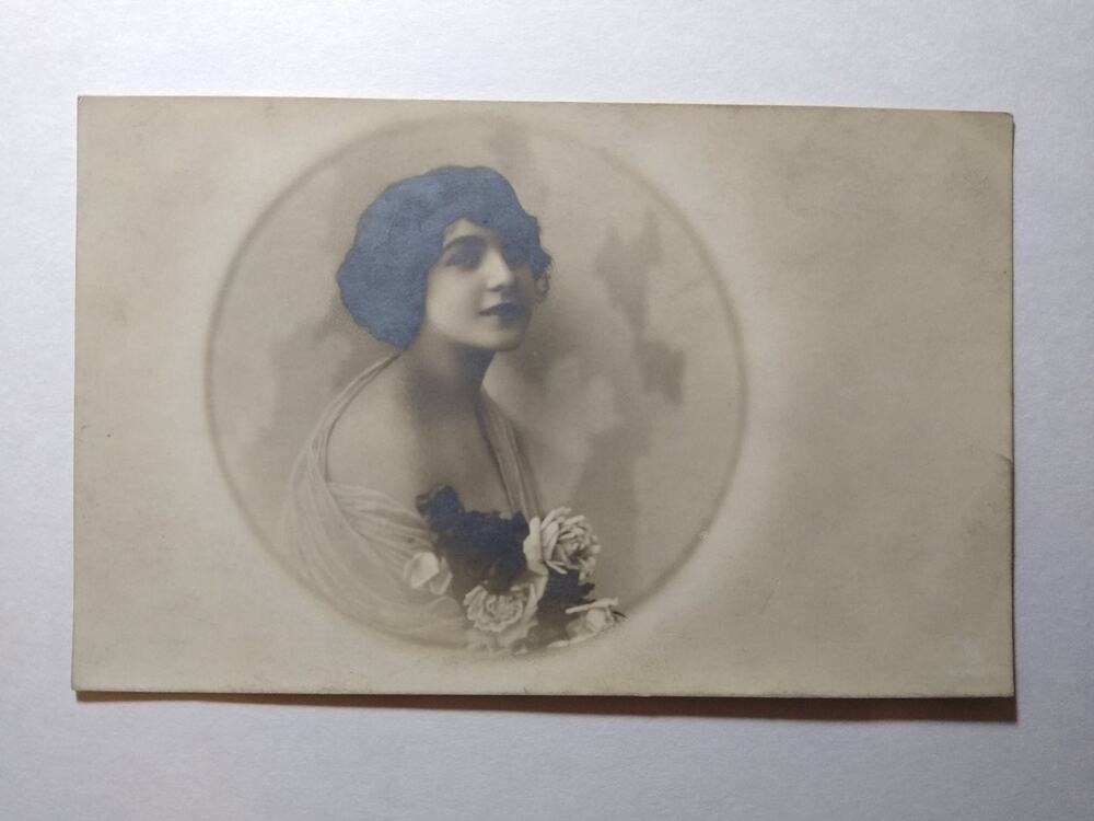 Vintage Hand Tinted RPPC Woman Portrait Blue Hair Roses Postcard German Text